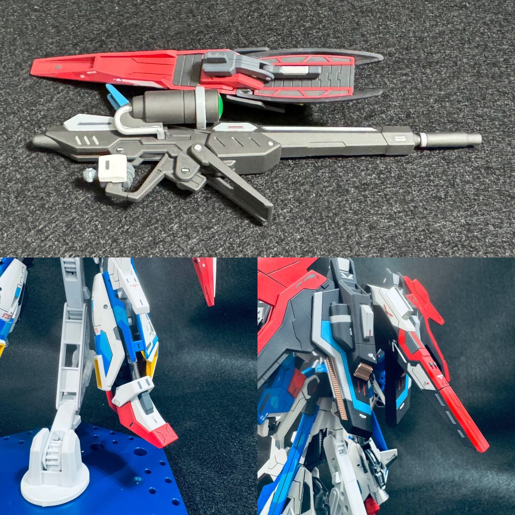 上:シールド、ビームライフルの塗り分け。左下:脚部シリンダーにスプリングをイメージして追加。右下:スラスター部分はタイラップを切って塗装しました。思いつきでしたが、いい感じになりました。