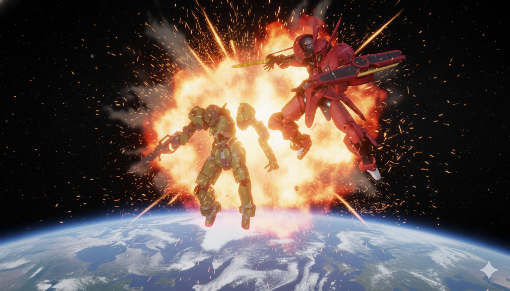 最近ハマっているAI生成画像です。ナノバナナに作ってもらいました。やられ役のグレイズ君に爆散していただきました。地球降下直前の戦闘に加勢してきたグリムゲルデの再現って感じです。ちょっと爆発の位置がずれているのはご愛敬。(zaku-kao4)バルバトスの第5形態も登場させたかったのですが、以前投稿したときから第6形態で飾っていまして…変更するのが面倒で…諦めました。(zaku-kao10)