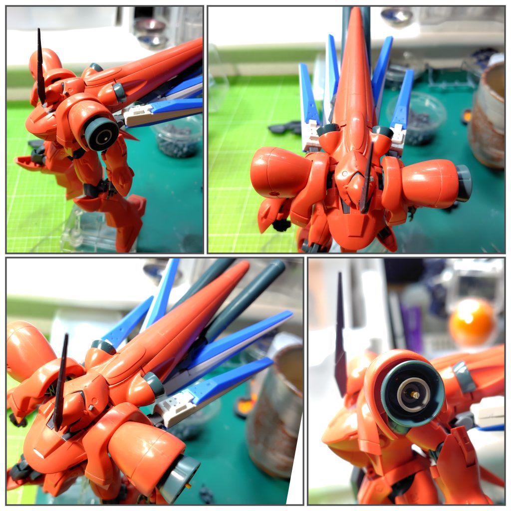 あとキライではないのですが背中のナマズのしっぽ感に変化をつけたくて、ジャンクで取っておいたハイニューのフィンファンネルを放熱板の様に使えるかと。逆シャア劇中でギュネイが放熱板表現してたのでまさに脇後ろのちょっと邪魔な放熱板の代わりにちょーどよいのかと。※脇後ろのファンネルは展開できなやつです。肩の大きなバーニアは中心に針金と一回り小さいバーニア入れましたがフチの薄々加工入れたほうが良かったようですね。左平手はジャンクから良い感じの見つけましたが何の機体のものか分かりませんでした、細めでいい指してるんですよね。何のだろ?