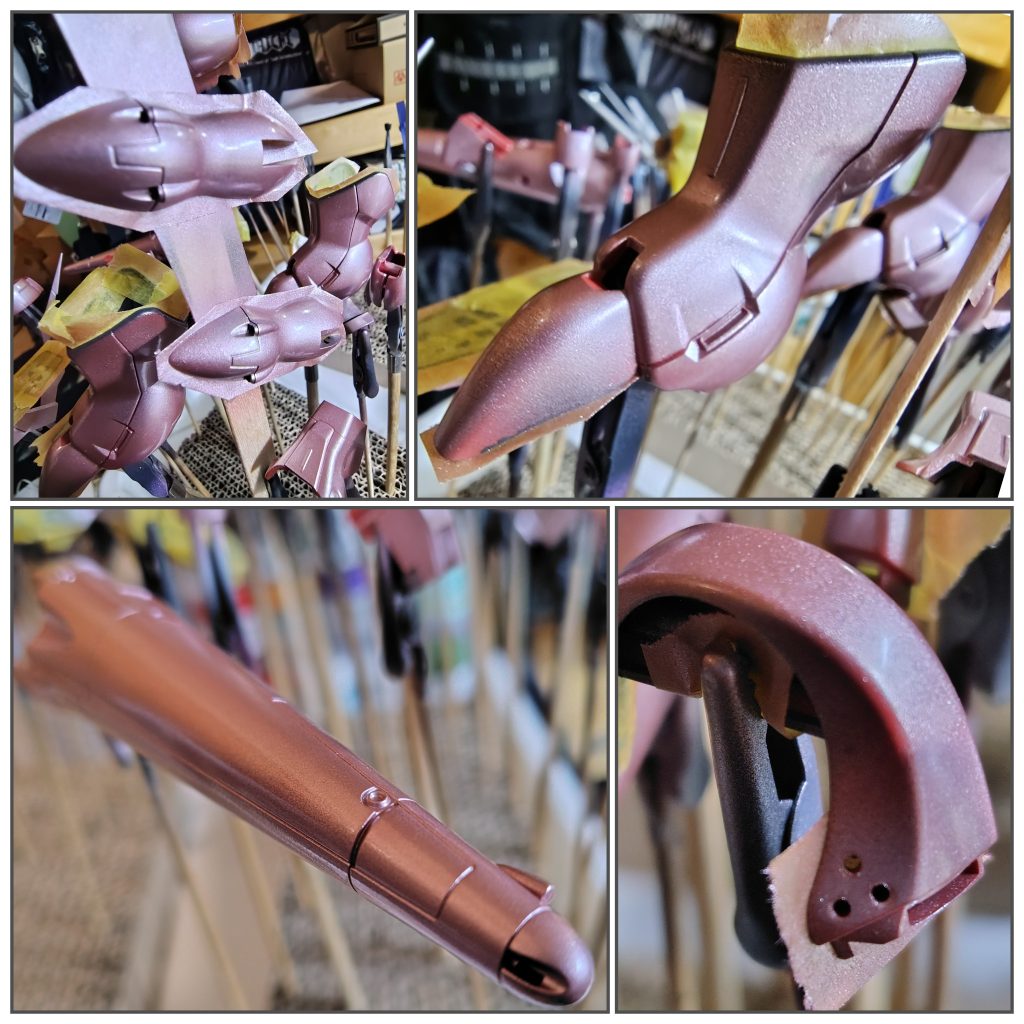 下地に銀+赤少々+つや出し剤混ぜたものを塗布してその塗膜にデカールを貼り、その後にクリア赤やクリアオレンジ等を数回重ね塗布実施。結果、思いのほかデカールが見えなくなりました(泣)。