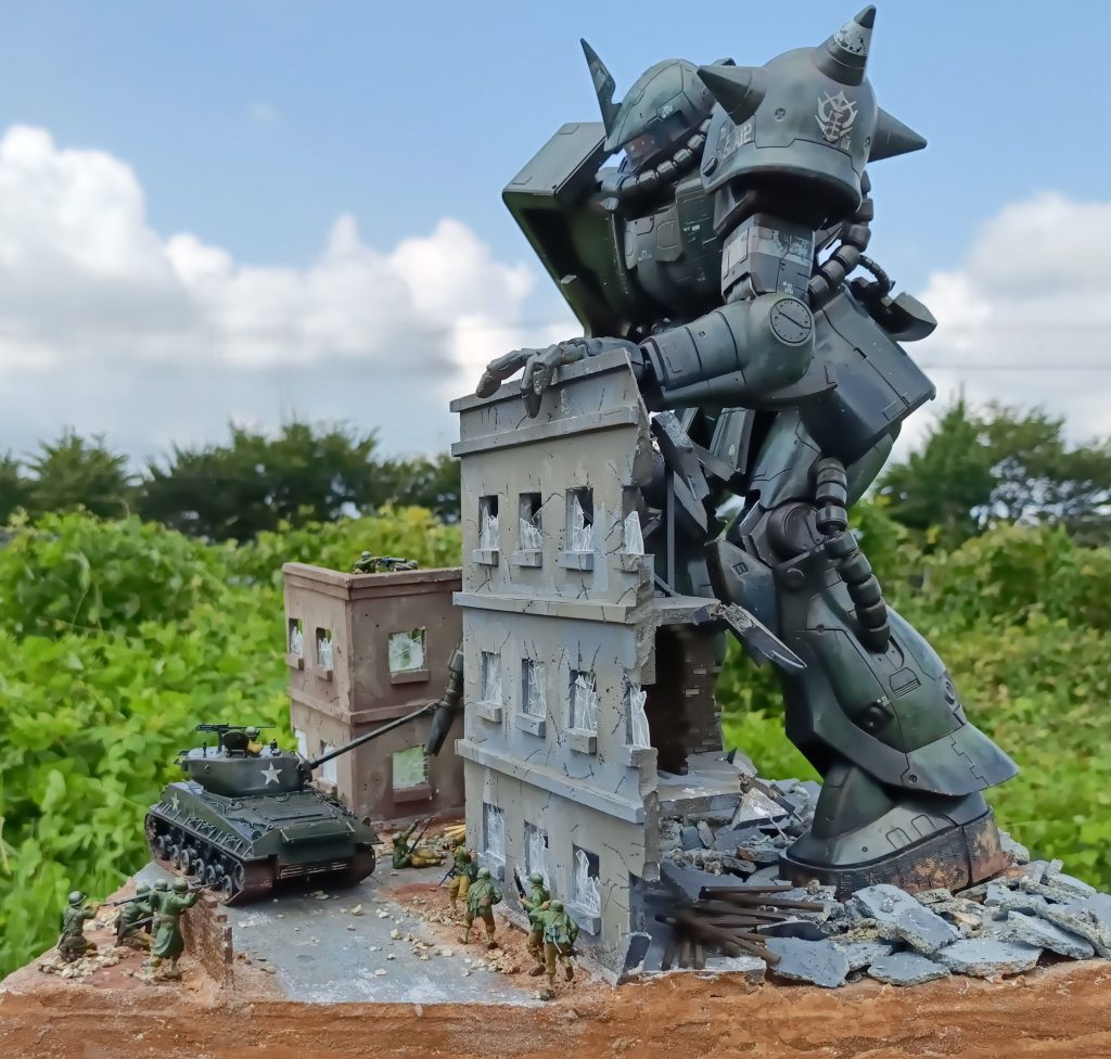 建物のジオラマはスタイロフォームで自作しました。