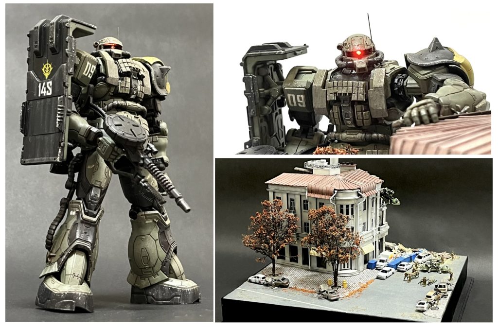 以前GUNSTAに投稿した作品をコンテスト用に手を加えました。写真は全て撮り直しています。①ザクとマゼラのウェザリング手直し。②ザクモノアイ発光（ミライト内蔵）③フィギュア4体追加。④アスファルトダメージ加工。⑤建物看板設置と外壁の弾痕加工。GUANSTA投稿後ずっと気になっていた箇所をコンテスト参加を機会に手を加えた形です。宜しければ前回の内容と比較してみて下さい。