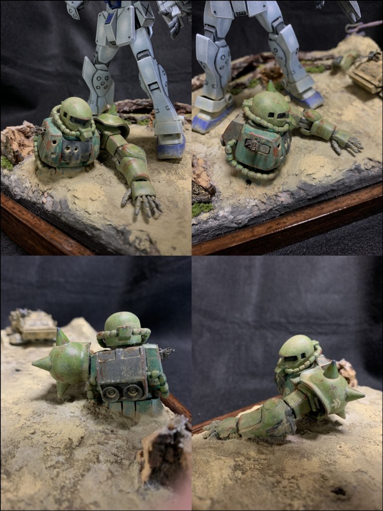 ザクⅡの残骸はエコプラHG 1/144 量産型ザクを使用。撃破されて日が経っている残骸という設定の下、激し目にウェザリングを施しました。