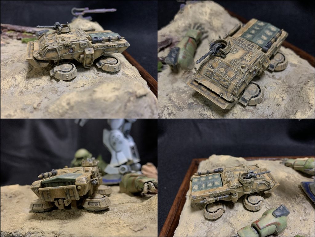 ホバートラック(オアシス)は同キットに付属しているものを使用。オアシスはWD隊最初期からの機体ということもあり、ジム砂Ⅱとは対照的に砂汚れ強めのウェザリングを施しています。