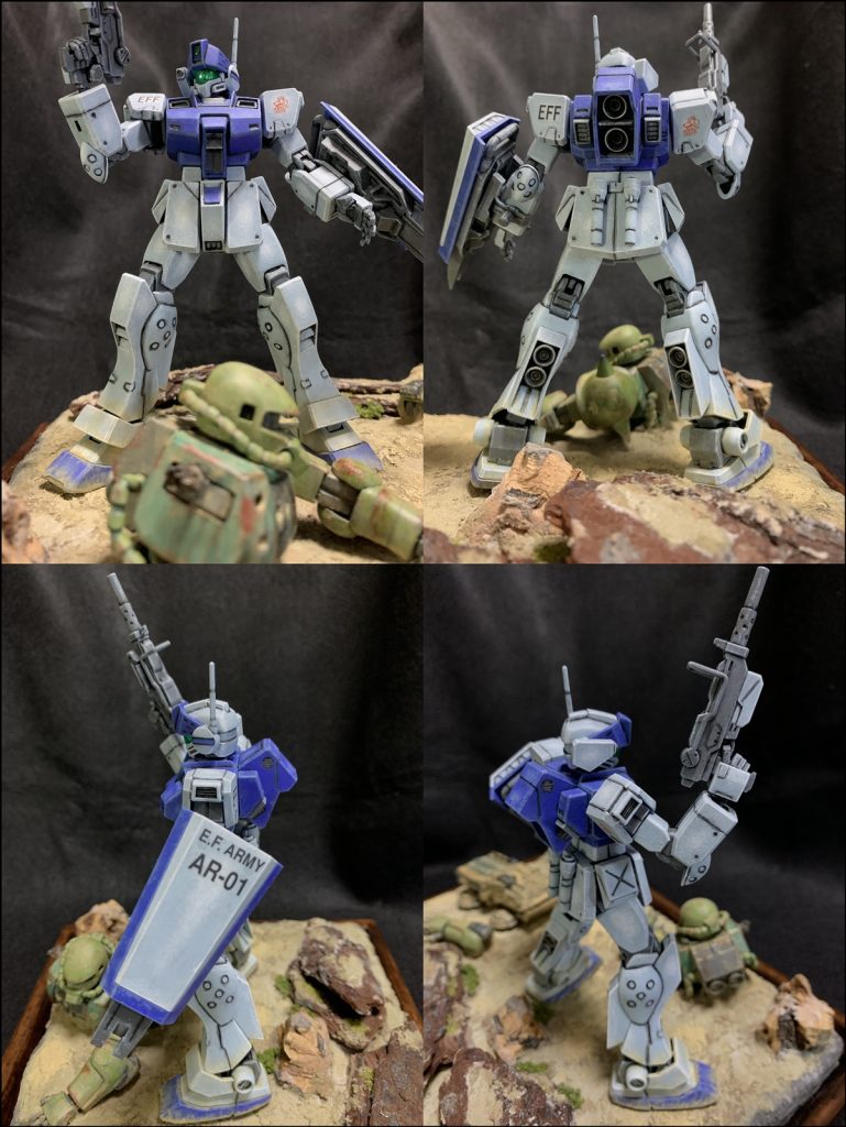ジムスナイパーⅡはプレバンのHG 1/144 ジム・スナイパーII ホワイト・ディンゴ隊仕様を使用。 ジム砂Ⅱは配備されて間もないという設定からウェザリングは足元のみに限定的に施しています。