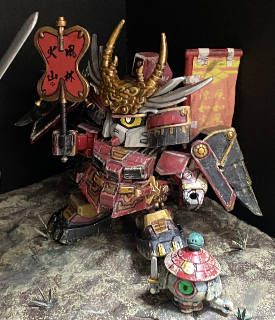 馬上から斬りかかる謙信を軍配で受け止める信玄！ジオラマ作り、ウェザリングは初挑戦でしたので試行錯誤と、ガンスタの皆様の作品と、動画、画像を見て四苦八苦しながら制作していきました。
