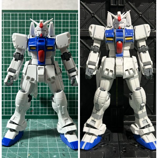 meg-oceroさんからバトンを託されたので今回担当させて頂きます😆と言っても、もう他の素晴らしいモデラーさん達が数々の秘伝の奥義を紹介しておりますし、プラモ歴の浅い私目が紹介するようなビックリ必殺技も無いのも事実ではありますが、meg-oceroさんからもプロポーション弄りに関してはどうかとコメントでのご意見を頂いたので、自分なりのプロポーション弄りをご紹介させていただきます😆急な事で説明材料があまり無いので直近に完成させたステイメンを活用しますね😊・プランニング先ずパチ組の状態のステイメン、バランス的になんだか子供体型に見えますよね、で、具体的にどこをどう直したら大人体型になって格好良くなるか考えます。それこそ設定画や雑誌のカッコイイ作例と見比べたりなんかするのも良いです。で、個人的に思ったのが…胴体が小さい(顔がデカく見える)、上腕が短い、設定画に比べて脚(特に脛)が圧倒的に短い＆太さが足りない…という感じでした。以上の点を改修するぞとプランをたてます。・作業改善箇所を頭に入れたらノコギリでぶった斬ります！思い切ってCUTしちゃいます！所詮プラの塊だから後でどうにでも修正出来る！俺はスプラッター映画のサイコ野郎だぜ！ヒャッハー！！というマインドで切り刻みます。私は模型用のノコギリ、精密ノコギリなどを使用します、用途に応じて使い分けてます。古いキットなら表面の側だけで済んだりしますが、最近のは内側に骨組みもありますからそういう場合両方延長しますのでCUTする箇所はよく考える必要があります✋・プラ板接着よる延長お次はプラ板を挟んで接着し任意の長さにして下さい。この匙加減はその人の好みが出る箇所だと思いますが、自分は長めに設定します。長過ぎたらまたカットして詰めればいいんです😆・チェックここで一旦全体のバランスを見直します、自分の中では最高のバランスに仕上げたつもりでも意外にもアレレ？おかしいぞ？？となったりします、その違和感をしっかりじっくりと確実に突き止めます。それはフロントアーマーが小さく感じるのか、脚が長過ぎた…、腰が短い！？首も長くしてみよう、2mm？いや1mmか…様々な要因を突き詰めて修正して下さい、そこで気付きます…「やらなきゃ良かった…」 そんな時はちょっと日にちをあけてフレッシュな気持ちで改めて見つめ直してみて下さい、そして悩んで悩み抜いて正解を導きだせば自分だけの黄金比に辿り着けるはずです😆👍 ・ヤスリがけそこは大胆に！そして慎重に！！ヤスって整えればいいじゃない！！なんですが…、ここまでの作業で特に大事なのは何か…それは「接着剤の選び方」です！瞬間接着剤は時短でヒケも出来にくい反面、延長箇所を跨いだスジ彫りなんかは非常に難しいです。プラ板と瞬着の硬さが違うのでどうしても瞬着の箇所でタガネが引っかかったりしてプラ板と同じように彫るのが難しいのです😓あとヤスリがけも硬いからちょっと面倒です。一方で普通のプラ用接着剤は溶かして接着するので、そう言ったスジ彫りなんかでの相性は良い反面、しっかり時間をかけて乾燥させないとヒケが出てしまいます。まぁ基本というか当たり前の事ですが、接着して1〜2日程度でヤスって製面すると確実にヒケがでます。せっかちな私はよくやらかします。笑といった感じで接着剤もその後の作業に合わせて選んでいった方が効率が良いですね😆そして最後は…・サフチェックどんなに綺麗にやったつもりでも確実に傷や埋まってない小さい見落とした穴なんかがあります、この作業は絶対必要です！そして1番面倒です😂ヤスリがけとサフを何度か繰り返してようやく辿り着いた完成系…それはもう完全に…アナタだけのオリジナル！！ 一度味わったら抜け出せない境地がそこにある！まだ延長工作した事ないんだぜってアナタ、一度挑戦してみてはいかがでしょうか？？🤟🥰 以上となります、自分なりのやり方を楽しく真剣に解説させていただきました、ご覧頂きありがとうございました！第二バトンリレーは[バレーボールおじさんさん]→[ますらおさん]→[meg-oceroさん]→私目[@244]と繋いでます。次誰かにお願いしちゃうんだからね！！ってうちの猫ちゃんが言ってます！😼（2枚目）