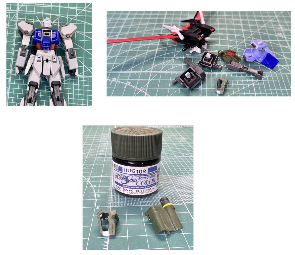 おまけガンプラだと背中のストライカーパック接続は3mm軸棒なので、ロボット魂の背中軸に合うようにプラ板で加工。ランチャー、ソードの肩アーマーはそのままでは取り付けられないので削ったり不要な部分は切り飛ばし。またランチャーのトリガーの下部分がキットそのままだと開いてるのでプラ棒で詰めて、水性ホビーカラーのランチャーストライクグリーンで塗装こんな感じで加工しました。多くのスクショになりましたが、ご清聴ありがとうございました。(gundam-kao8)