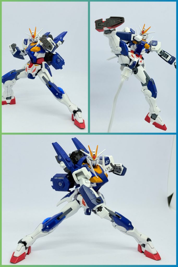 ビルドバーニングの手首も使用しているのと、なるべく元機体達が持つ可動性能は潰さないというルールで作ったので格闘機体かってくらいよく動いてくれるのも良い。