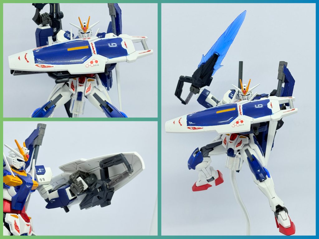 近接武器内蔵型複合シールド「デュバン」。裏側にはビームブレイド「クラウ・ソラス」が内蔵されている。デュバンもクーフーリンの盾。GP01の盾がシルエット好みだったけど手に入らんなと思ってたらたまたま再販？かでパーツ単品が某黄色潜水艦に売っていて即購入。クラウ・ソラスはつぶやきにも書いたジャンク供養でシルエット好みに出来たから急遽追加。ネオジム接続。追加だから唯一名前がクーフーリンの持ち物ではない。