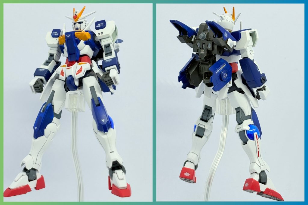 素体前後。頭:ライジングフリーダムガンダム体:オーガンダム腕:ダガーL腰:ビルドバーニングガンダム足:ダブルオーガンダムバックパック:30MMフォレスティエリ+30MMエアファイターで構成。スマート&シンプルながらシルエットが破綻せずヒロイックに、ちゃんと主人公機感が出るようにを意識して制作。