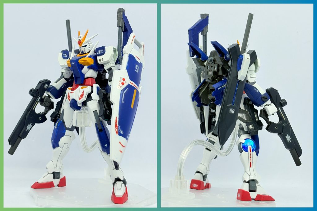 フル装備前後。カラーレシピもとい使用色は青:水性ホビーカラーフタロシアニンブルー黄:シタデルカラーアヴァーランドサンセット赤:水性ホビーガンダムSEEDデスティニーカラーデスティニーレッド のトリコロールをメインにしつつ、水性ホビーガンダムSEEDFREEDOMカラーマイティーストライクフリーダムダークブルー水性ホビージークアクスカラージークアクスダークグレー水性ホビーカラークリアブルーシュナイダーミラークロームエフェクトマーカーを武装や差し色に使用。仕上げシールはいつものセリアホビーステッカー。