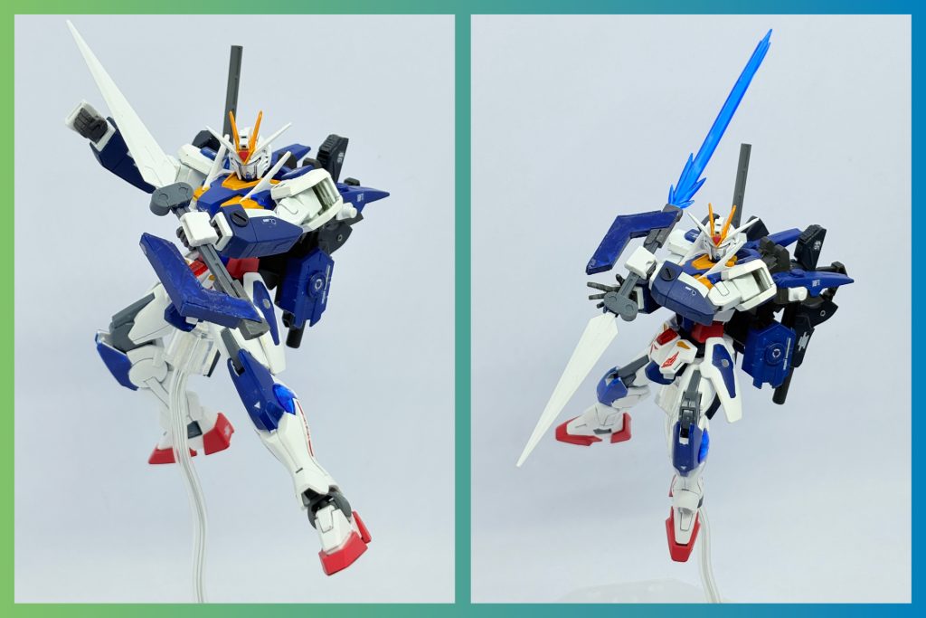 実体剣「ゲイボルグ」。クーフーリンの最も有名な槍から。ナックルガード「タリンギレ」を装備しており、そちらからビーム刃を形成して両刃槍としても使用可能。タリンギレは隠れ蓑ティール・タリンギレから。GNロングブレイドの刀身。MSブレイド？だったかの剣をしまってトンファー風に出来る部分が30MMカスタムウェポンの持ち手にピッタリだったので加工してタリンギレに。しかももう片方の穴はコトブキヤM.S.Gサーベル&ハンマーのエネルギー刃がピッタリハマるという奇跡。若干エネルギー刃の取り付け部は短くしてる。