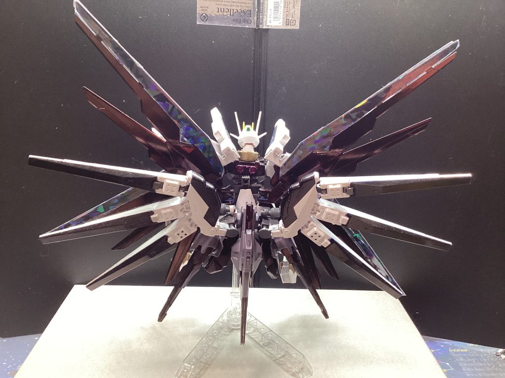 —Rear　　　ZGMF-X70A ウィズダム【設定】　他惑星から採集した未知のデータから再現されたGUND-ARMシステムとフリーダムの骨格、そしてその他の技術を総動員して作成されたワンオフ機体。　機体としてはフリーダムの系譜を辿ることとなるが、実際にはどの機体の系譜とも一致するとは言えない機体となっている。設計思想にはストライクのストライカーパックの考え方が加わっており、ノーマル、フリーダム、プロヴィデンス、ウィズダムの4形態になることができる。GUND-ARMが使用されているため、搭乗者への負担は計り知れないものとなっている。これの試験搭乗をしたシン・アスカは廃人と化した。