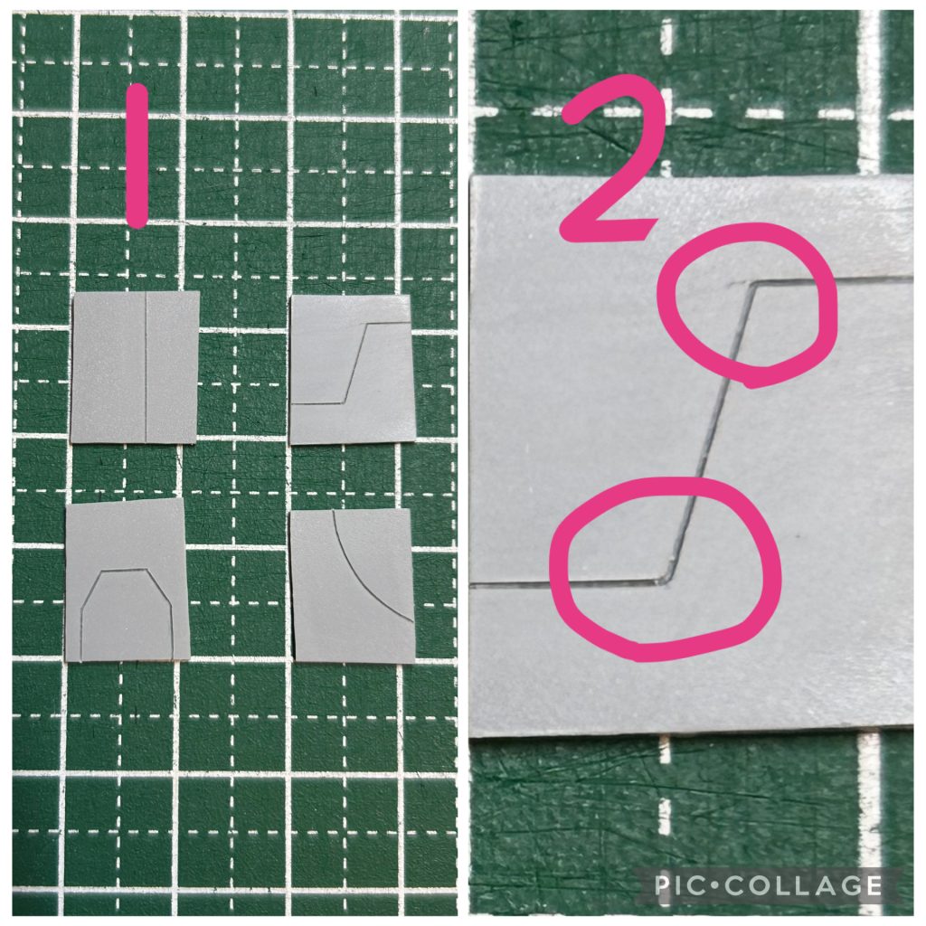 スジボリの紹介内容でございますが、「道具の詳しい紹介」「綺麗に線を彫るには」？と言った内容ではありません。😊観覧くださっている皆様は、どんな時にスジボリをしますでしょうか？私は、パネル追加、メカニカルアップ、パーツ分割、装飾。等々。今回紹介させて頂く事は、「スジボリでパネル構築やメカニカルアップしたいけど具体的にどう構築したら良いかわからない」「これからスジボリはじめます」と言った方へ向けての「私のスジボリ」の紹介でございます😊スジボリを経験している方なら既に無意識のうちに行なっていたり、当たり前に思うような内容かもしれません。RGのディテールを参考にできればそれに越した事はないかもしれません😊もしも、凄腕モデラーさんの超絶ディテール追加を見てスジボリを諦めてしまっている方がいましたら、その方の少しでも参考になればと言う思いで紹介させて頂きます😊私が用いていますラインは、写真1の主に4ラインです。直線ライン、複数の直線で構成されたクランクライン、複数の辺で構成された囲み、そして曲線の4パターンです。私は、リアルなパネル構築はできません😊ガンプラでのパネル構築は、「っぽい」と言う事を大事にしています。「なんか見た事ある」ぱっと見「〜っぽいよね〜」と言う感覚です😊この感覚を見ている側に感じてもらうには、少なくとも写真2の様な⭕️で囲んでいるクランクの切り返しの頂点の過度なオーバーランや、潰れたものになっていたら、「っぽい」から遠ざかると考えます😊ここはひたすら練習です😊 