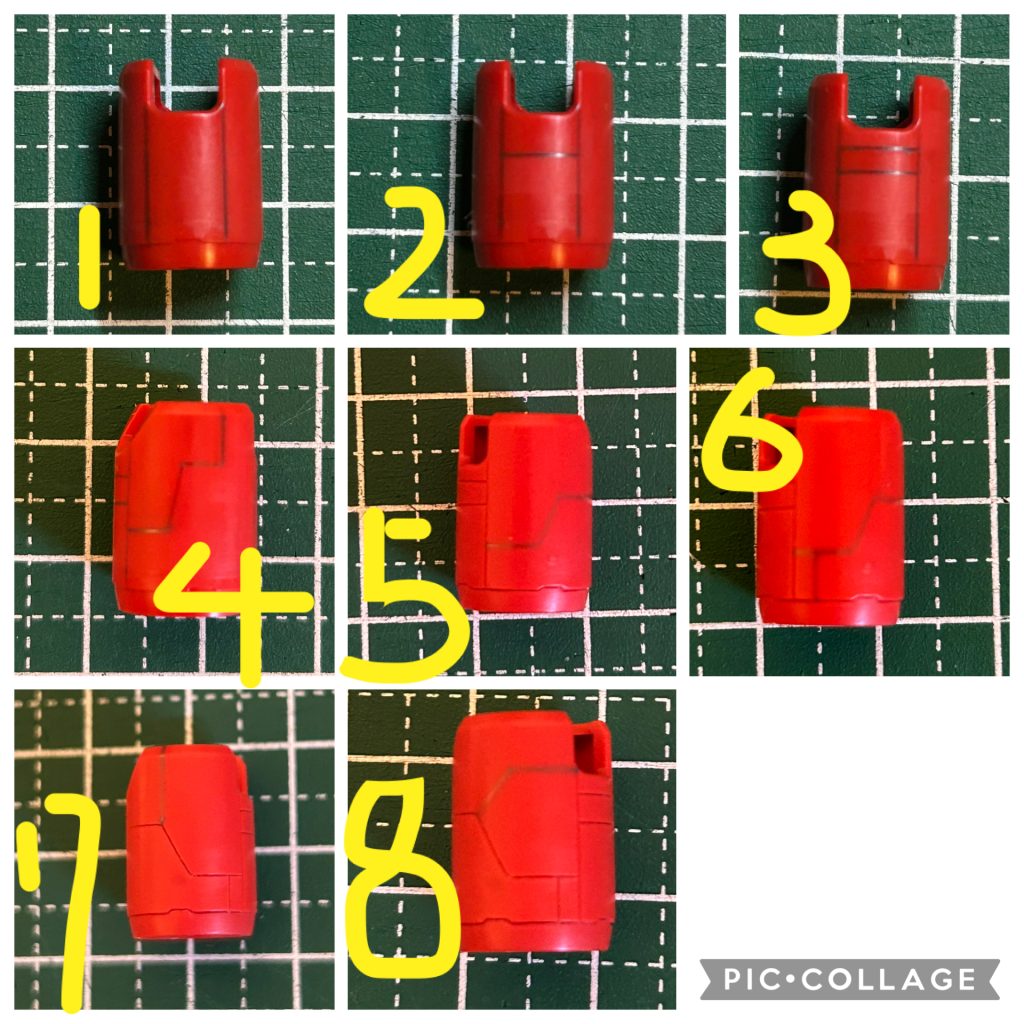 今回は、パネルの枠組みの構築紹介です。従いまして、マイナスモールドやプラ棒、ラインの太さを変えてのアクセント等、パネル内の密度を上げる内容はありません。あくまでもパネル構築に焦点を当てています。それでは実際にガンキャノンを使って構築していきます😊先ずは腕パーツです。写真1、正面へ縦に2本並行に彫ると、円柱型なので大きく二つのパネルができます😊写真2、間に一本足すと三分割。写真3、更に一本足すと、4分割。写真4、5は側面部分。側面はクランクラインを入れると「っぽく」みえてきます😊縦にのばすか、横に伸ばすかで印象がかわります。写真6の様にかなり短いラインをいれますと、メカニカル感が上がり更に「っぽく」みえてきます😊