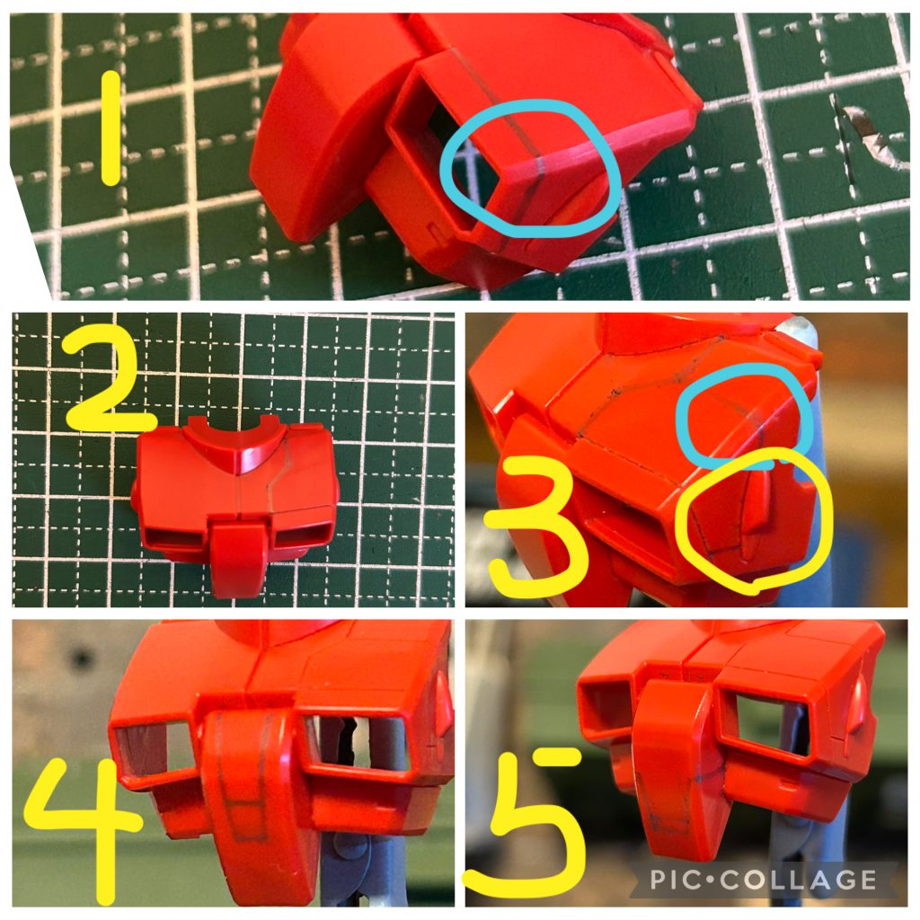 次に胸部です。この胸部には、私がGUNSTAさんで培った「私のスジボリ」ポイントがあります😊ガンプラには、面と面を繋ぐ時、写真1、3の様に、水色の◯で囲んでいるＣ面があります。スジボリが上手な方、面と面が絡むパネル構築が上手い方は、このC面の通過の仕方、彫り方が抜群に上手いです。ここを綺麗に彫れるか、または複数の面が絡む立体的なパネル構築が出来るか、出来ないかで、「っぽさ」の度合いがかなり違います。写真1は、ダクト周りを分割したく、胸部正面と側面を縁取る為に、C面を跨ぎます。写真3は、写真2で構築したクランクを横に伸ばす為、C面を跨ぎます。写真3の黄色で囲っているディテールを伸ばしの終着にしますと「っぽさ」がアップする感覚です😊写真4は、ハッチ？のパネル追加です。写真4でも、っぽさは出ていますが、せっかくなので、C面跨ぎは上手くみえる理論で写真5にしてみます😊完成写真は後ほど😊