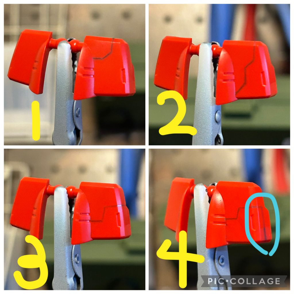 次にスカートパーツです。写真1は、囲み型。写真2は、縦長クランク型。写真3は、横長クランクC面跨ぎ引きっぱなし型。スジボリする際、皆様はどの形に近いでしょうか？😊勿論、好みの問題ですのでどんなパネル形状でもみんな素敵です😊写真4は、C面を跨いだ後、真下に伸ばしています。ここからは感覚の話になりますが、写真4は、側面を下に引く事によって立体的なパネル構築になっているわけです。上に被さっている様な感覚です。胸部編に述べましたが、構築が上手い方は、立体構築が上手いです！