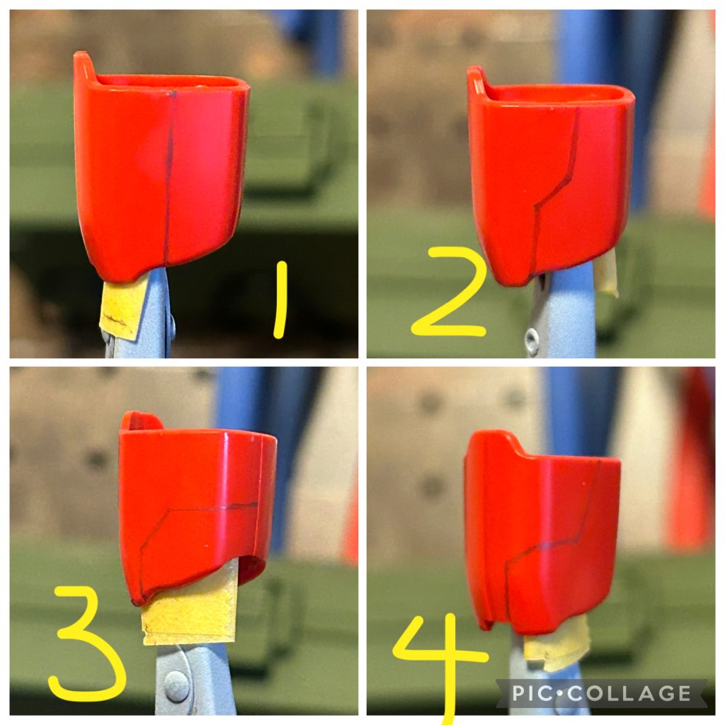 次に腿パーツです。写真1は、側面直線ライン。写真2は、よくあるクランクライン。写真3は、囲み型。写真4は、クランクをワイドにし、正面までもっていき立体感を出したもの。