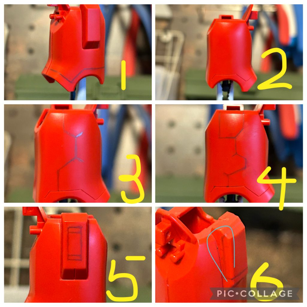 次に脚パーツです。写真1は、先程から話していますパーツを縁取りしたものです。写真2は内側の側面です。比較的面が広く、パネル構築のキッカケポイントも少ないです。ドムやゲルググはこれよりもっと広く、スジボリキッカケも更に少ないかと思います。写真3の様に、写真1で構築しました縁取った横のラインまでクランクしてくるのも良いかとおもいますが、何処か間延び感が否めません。そこで、写真4でございます。キッカケポイントが無いなら作る！です😊囲んでパネルを制作し、そこをキッカケにクランクして、縁取りしたラインへ連絡していく方法です😊写真3より、写真4の方が、「っぽい」感じがしませんか？😊写真5、6は、外側側面の凸ディテールです。写真5は一面へのパネル構築。写真6は、立体構築型。