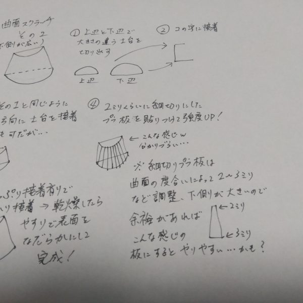 第一バトンでバトンを繋いだ私ですが、ますらおさんから第二バトンを託されました(笑)僭越ながらまた走らせていただきたいと思います😁💦今回は先日私の制作投稿で皆様から思った以上に反響のあった曲面スクラッチについて書きたいと思います☺️ぶっちゃけてしまえば、こんなものパテを使ったりプラ板の積層削り出しなどをすればもっと上手く出来るのかもしれませんが、私は猫飼いリビングモデラーなのでまず匂いの強いパテは使えません…😑削り出しも腕が疲れそうなので出来ません…そんな状況でどうにか考えた方法ですwもっと簡単に綺麗に出来る方法はあるかもしれませんが、ひとつの参考になればと😌実際に作って見せるのはプラ板の消費が多くなってしまうので、拙い手書きでご勘弁を😅その１はシンプルな曲面正直このくらいならわざわざ作らずに何かの容れ物とかで代用出来るのでは…？と思いもします😅その２は下側が広がる形この辺からちょっと面倒にwその３はサムネの写真のもの正直目が疲れます😵こんな感じでやっております(zaku-kao5)これをもっと突き詰めて精度を上げればドムやゲルググの脚部外装みたいな魅力的な曲面も作れるのでは？とも思います😁💦書いてはみましたが自分以外でこんなことする人いるのか？wと思ったりもしますが、もし何かの折にこんなことしてる奴いたな〜と思い出して試して頂ければ幸いです(zaku-kao5)第二バトンリレーは[バレーボールおじさんさん]→[ますらおさん]→そして私[meg-ocero]と繋いでおります☺️次はどなたにお願いしようかな？w（3枚目）