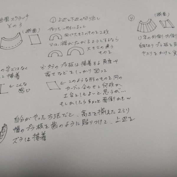 第一バトンでバトンを繋いだ私ですが、ますらおさんから第二バトンを託されました(笑)僭越ながらまた走らせていただきたいと思います😁💦今回は先日私の制作投稿で皆様から思った以上に反響のあった曲面スクラッチについて書きたいと思います☺️ぶっちゃけてしまえば、こんなものパテを使ったりプラ板の積層削り出しなどをすればもっと上手く出来るのかもしれませんが、私は猫飼いリビングモデラーなのでまず匂いの強いパテは使えません…😑削り出しも腕が疲れそうなので出来ません…そんな状況でどうにか考えた方法ですwもっと簡単に綺麗に出来る方法はあるかもしれませんが、ひとつの参考になればと😌実際に作って見せるのはプラ板の消費が多くなってしまうので、拙い手書きでご勘弁を😅その１はシンプルな曲面正直このくらいならわざわざ作らずに何かの容れ物とかで代用出来るのでは…？と思いもします😅その２は下側が広がる形この辺からちょっと面倒にwその３はサムネの写真のもの正直目が疲れます😵こんな感じでやっております(zaku-kao5)これをもっと突き詰めて精度を上げればドムやゲルググの脚部外装みたいな魅力的な曲面も作れるのでは？とも思います😁💦書いてはみましたが自分以外でこんなことする人いるのか？wと思ったりもしますが、もし何かの折にこんなことしてる奴いたな〜と思い出して試して頂ければ幸いです(zaku-kao5)第二バトンリレーは[バレーボールおじさんさん]→[ますらおさん]→そして私[meg-ocero]と繋いでおります☺️次はどなたにお願いしようかな？w（4枚目）