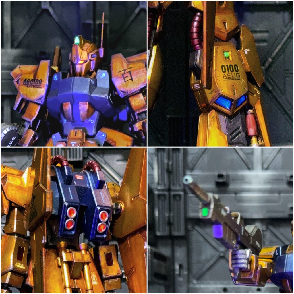 頭部ツインアイ・センサー、ふくらはぎスラスター内部、バックパックバーニア内部、ビームライフルセンサー部にエナメル蛍光塗料を塗ってます。またあらかじめ蛍光塗料を塗った蛍光チップをふくらはぎのモールド部に仕込んでみました。