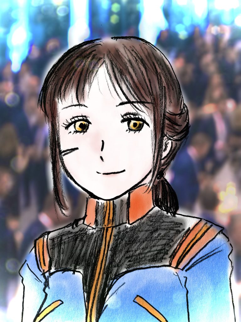 　思わず、はっと息を飲んだ。　三人の目の前には、地球連邦軍の青い制服に身を包んだウェーブ（女性士官）が、凛と佇んでいた。「あ……。」　カイルは、思わず、口を開けて見惚れた。「お久しぶりです、ヘント中尉。」　ウェーブは、爽やかに微笑み、敬礼する。「またご一緒出来て、光栄です。」「こちらこそだ、ミヤギ中尉。」ヘントも、軽く微笑み敬礼を返す。「うそ、やだ、ホンモノじゃん！」　アンナが興奮して声をあげると、カイルが、失礼ですよ、とたしなめる。「え、待って、めっちゃ可愛いんだけど！」「ほら、行きますよ、中尉。」邪魔しちゃ悪いですよ、と、カイルが言いながら、アンナをどこかに引っ張っていった。人ごみの向こうから、後で一緒に飲もうね～、と、アンナの声が聞こえた。「楽しそうなご同僚で。」「そうかな。」　ええ、と、ミヤギはくすくす笑う。「素敵なご婦人もいらっしゃったから……本当に口説かれるのかと。」「本気で言っているのか？」「どうですか、そう、思います？」２秒、視線を合わせると、二人、微笑んだ。　２年ぶりだ。　話したいことがたくさんある。　だが、アランの言うとおり、ここで彼の”恋人”に戻るのは得策ではない。　永遠に感じた２秒の後、ヘントが口を開く。「周辺宙域は、我々がしっかりと守ります。中尉の隊は、存分な飛行を。」この宙域には、連邦軍の”イーグルス”や、ティターンズも付いています、と付け加える。「万全です。何があっても、貴女の任務は邪魔させない。」「ええ、頼りにしています。」「おい、こんなところで油を売っていたのか？」　人ごみに中から出てきたのは、二コラ・ボーデン少佐だ。「君は……」ヘントの方を訝し気な顔で見つめる。「EFMP第２部隊第１班MS隊長の、ヘント・ミューラー中尉であります。」敬礼をして、明瞭に応える。二コラ少佐は、ああ、と生返事をする。「積もる話もあろうが、ミヤギ中尉は時の人だ。悪いが、後にしてくれたまえ。」では、と言って、ミヤギの手を引いていく。　ミヤギが、一瞬名残惜しそうにこちらを見たが、視線が合うと、瞬間、声が聞こえた気がした。（大丈夫。）（そうだ、大丈夫、分かっている——。）　そして、ヘントは、再び、壁の花に戻った。～～～～～～～～～～～～～～～