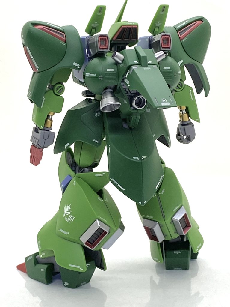 塗装箇所とカラーレシピ各部スラスター→(ガイア)フレームメタリック(2)メタリックレッド部→(クレオス)GXメタルレッドエネルギ動力パイプ→(クレオス)新ガンダムカラーMSグレージオン系凹モールド、左手親指付け根等→(クレオス)ホワイト90%+ブラック5%+パープル5%スラスター内部→(クレオス)水性、ガンダムエアリアルグレー腕部シリンダー基部→(クレオス)新ガンダムカラー百式ゴールド