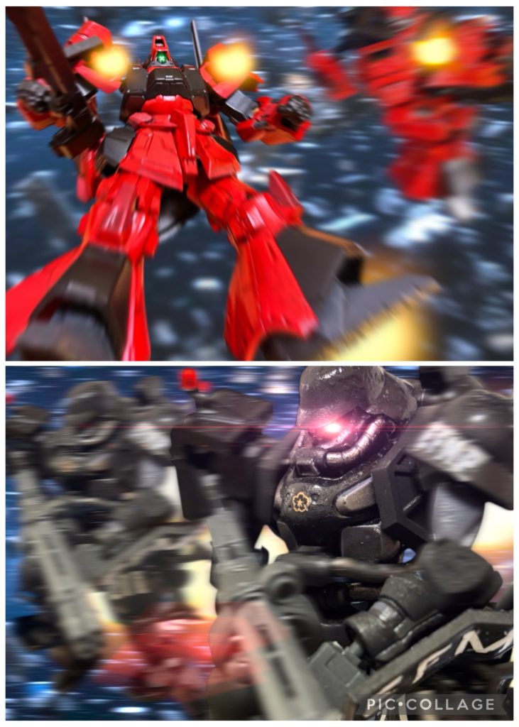 　ヘントが言い終わる前に、目の前のリック・ディアスが勢いよく後退する。カイルのキャバルリーが、再びライフルをあげたが、カイルが撃つ前に、後方から火線が三条伸びてくる。黒い塊が３つ、勢いよくキャバルリーを追い越していった。　ＥＦＭＰの”黒い方”、第１部隊のシュトゥルム・ザックだ。ビームガトリングをばら撒きながら、突撃していく。