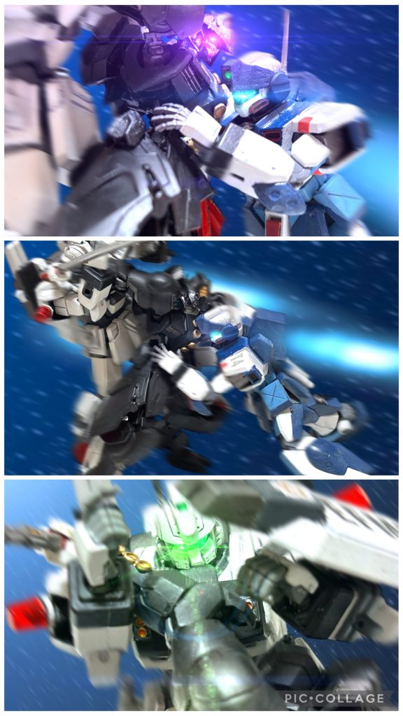 『宙域の外へ！』　ミヤギから鋭い声で通信が入る。サイド５の宙域内では、武器を使えない。宙域外なら、仲間もいる。　そうだ、そこまで押し出せば、武装した仲間の火器が使える。こいつとも、戦える。　ヘントは、理解した。黒い機体に取り付いて、一緒にバーニアをふかす。例の高出力サーベルがミヤギを切り裂かぬよう、ヘントは、右腕をがっしりと押さえ込む。『邪魔するな！ヘント・ミューラー！！』接触回線で、敵のパイロットの声が届く。女の声だった。「その声、貴様……やはり、あの時の！」レセプション会場で会った、あの不気味な女だ。ジン・サナダの名を口にしていた。『キョウ・ミヤギを壊したら、お前も壊してやる！じっとしていろ！！』女は、ヒステリックに喚き、機体をグングンと動かす。捕縛を振り払おうとしている。「させない！」『離せっ！』