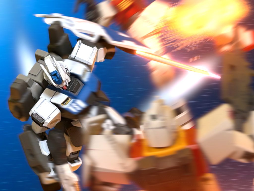 EFMPのジムは、機動が単純だった。今のミヤギには、もはや、ほとんどスローモーションに見える。 サーベルはシールドの先端に装備されている。マウントされたまま起動させられる構造で、その合理性に、ミヤギは好感を覚える。その場で機体をグルリと回転させると、殺到してきた敵機の脚部と腕部を薙ぎ払った。バランスを崩した敵機をそれぞれ、宇宙の彼方へ蹴飛ばしてやる。