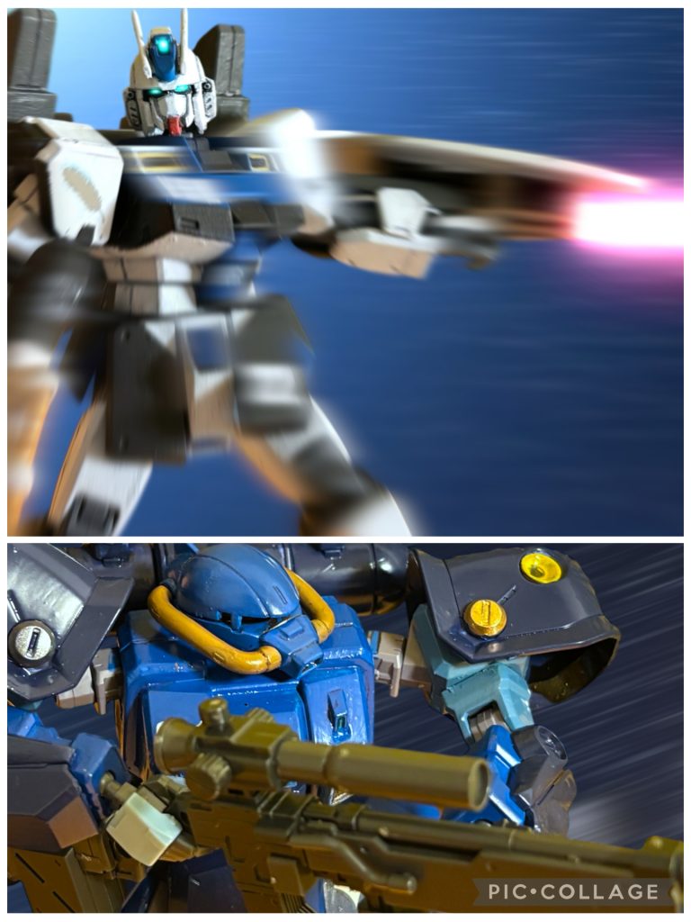 (次は……!)神速とも言える早業で、敵機を制圧すると、視界の隅の青い機体に向かう。ビームが、また機体を掠めるが、機体を捻りながら進めれば、造作もなくかわすことができる。 先ほどの射撃は、かわしてくれて、むしろ良かった。このやり方ーー接近戦なら殺さずに制圧できる。奪いたくもない生命を、奪わずに済む。 黒い敵機と対峙した時とは全く違う。ミヤギは、冷静にハイザックに迫った。〜〜〜〜〜〜〜〜〜〜〜〜〜〜