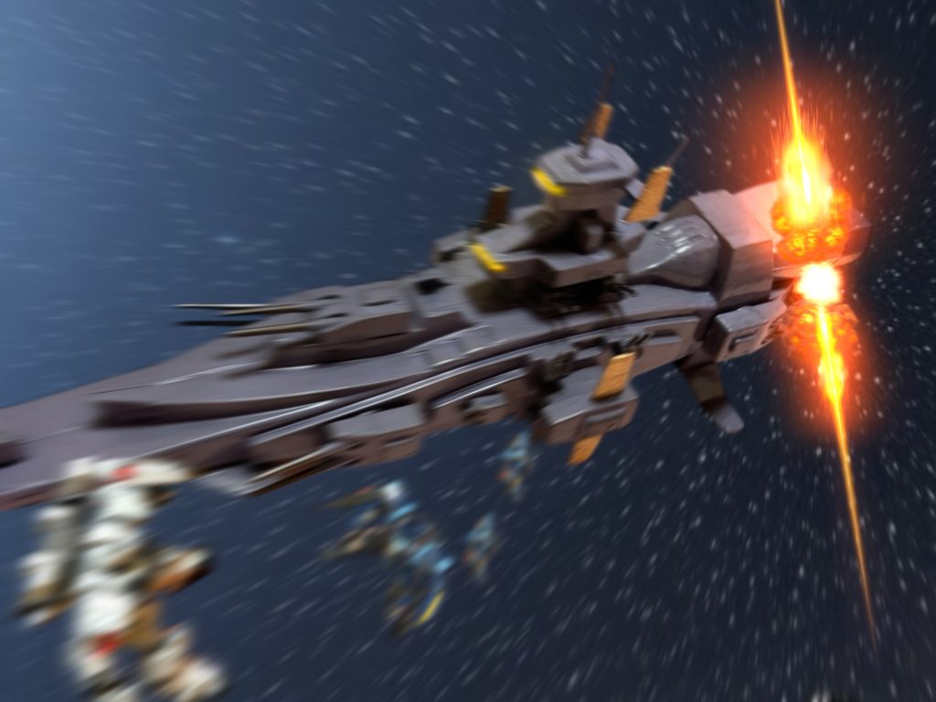 (いえ、十分です——。) 通信機ではなく、頭に直接、涼やかな声が響く。 同時に、幾筋かのビームが、マゼランの後方、エンジンブロックを貫いた。激しい爆光と共に、艦体が傾く。