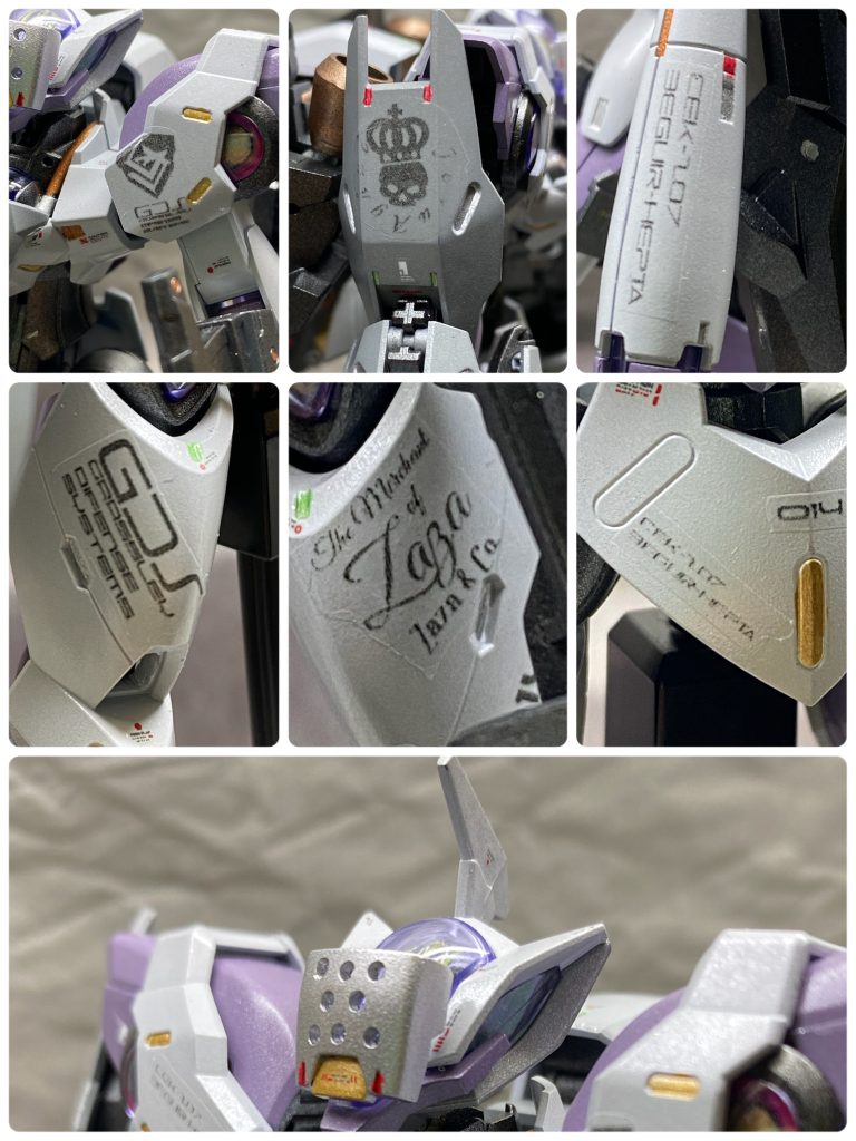 グラスレー社のロゴやらイエル・オルグのパーソナルマーク、ザザ商会のマーキングなど、今回も結構凝って自作デカールをデザインしました。顔のマスクはネオジウム脱着で手甲パーツから制作しましたが、結構印象を変えてくれます。仮面は芝居の上でも、得体の知れなさを出す良い小道具となります。 