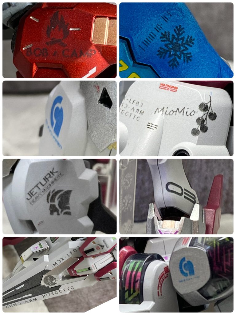 今回の自作デカールたちです。グエルのパーソナルマークとして、グエキャンならぬボブ△キャン、エランは氷の君でlord of iceのマークを追加で貼りました。(株)ガンのロゴ、ジェターク社のロゴ、型式番号と機体名なども作りました。ミオミオのパーソナルマークは、好物であるトマトをモチーフにした可愛いものにしました。