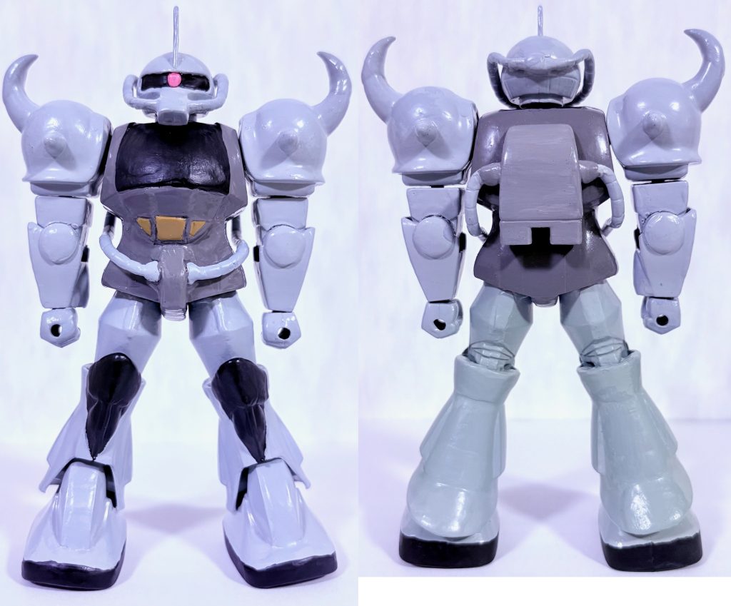 グフ本体の改造ポイント。いつも通り関節部にボールジョイントを仕込んだ。コクピットとひざの形状がノーマルグフと異なるので、パテ盛りして形状変更。ハンドパーツは交換式にする。モノアイはHアイズを使用。