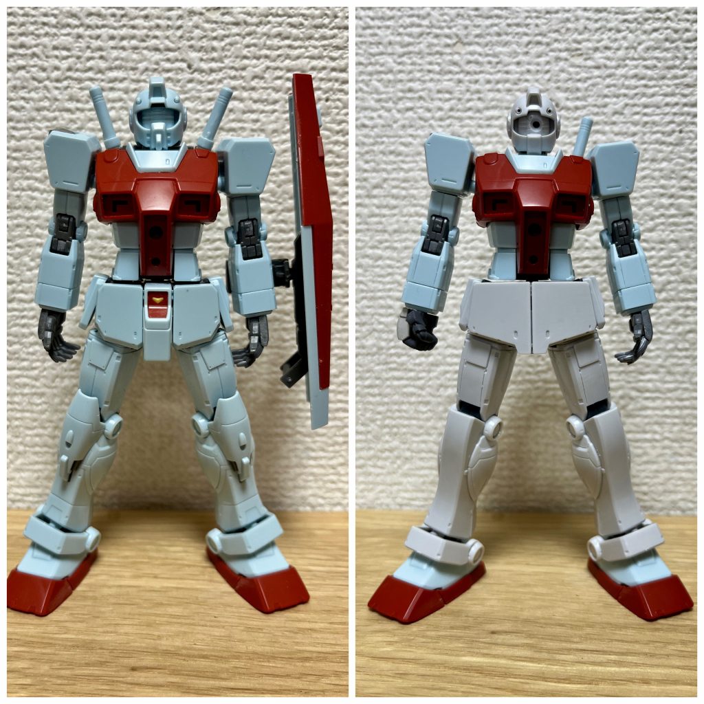 ミキシングの前後。前述しましたが、HG ジム・スループ(頭部、腰から下) と HG ジム ショルダー・キャノン装備/ミサイルポッド装備(胴体、腕、足首・スリッパ)でミキシングしてます。