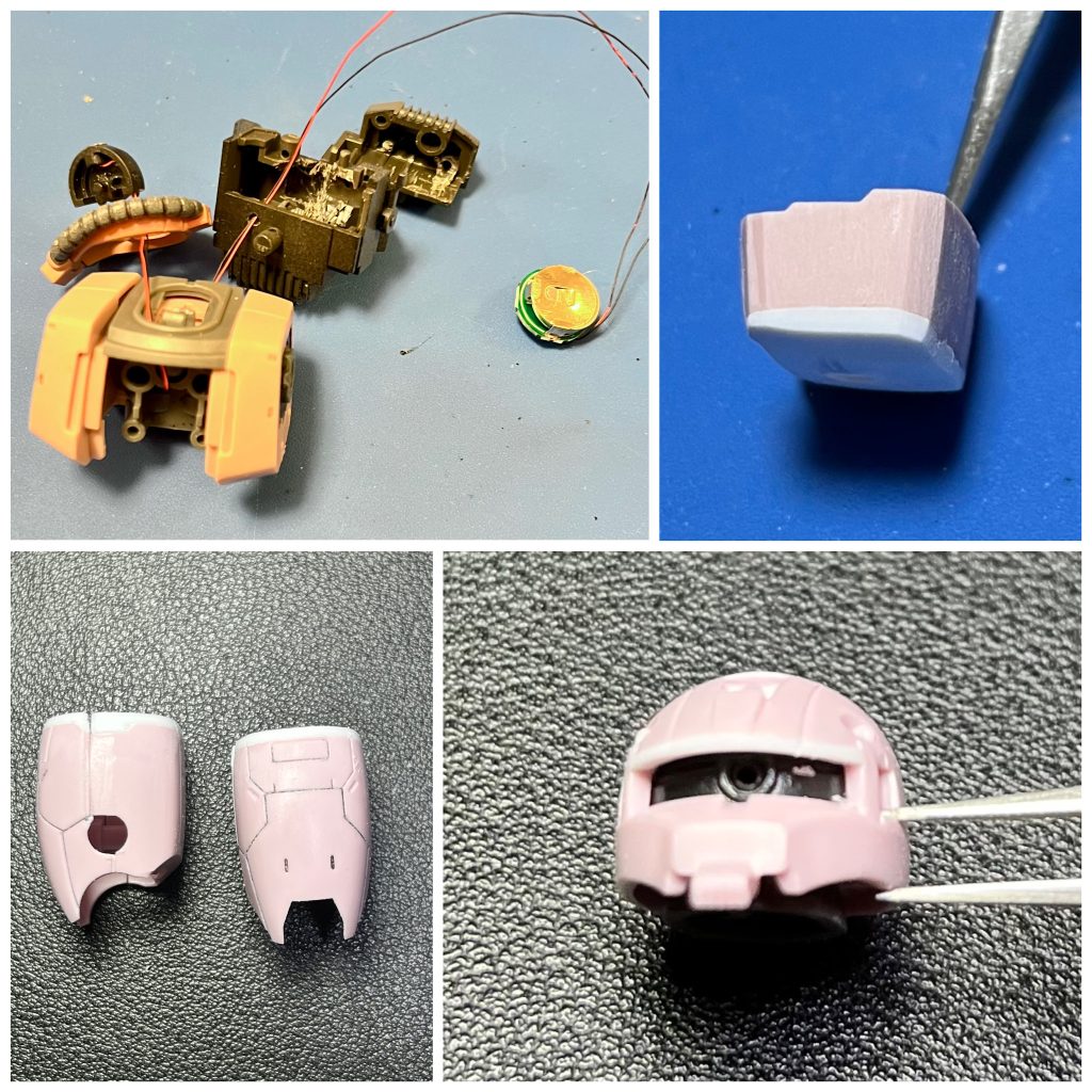 左上から時計回りに。・バックパックの中を削り込んで電池をギリギリ格納しました。・胴体を1mm延長、前傾姿勢になるように(S字立ちがキレイになるように)削りました。・太ももも根本で1mm延長して、ちょっとだけ足長にしてます。・モノアイのレールをプラ板で縦幅を縮めて目つきを悪くしました。