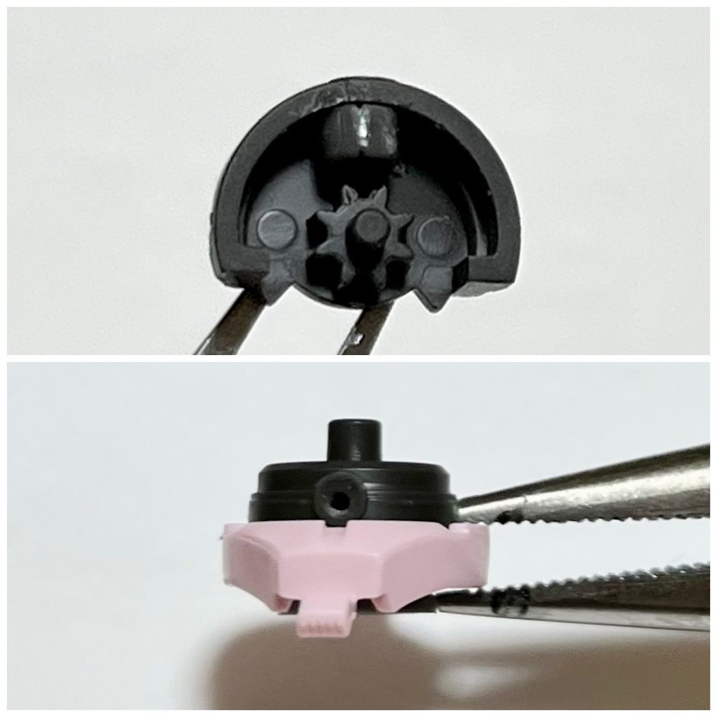 ここからはメイキングを少し。モノアイにピンバイスで穴を開けて、裏にプラパイプ(KOTOBUKIYAのショートパイプ)を貼り付けて、LEDチップを埋め込みました。