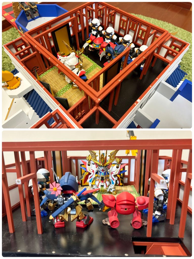 次は3階部分ですね。2階は来訪者を招くこともありますが、3階はもう少しプライベートなイメージです。風車の百式やうっかりザクレロは、新世大将軍とは旧知の中なのでこの空間にもよく入っているのでなないでしょうか。大将軍が落ち着けるよう畳も敷きました。内装もちょっと和モダンな感じに仕上がったと思います。