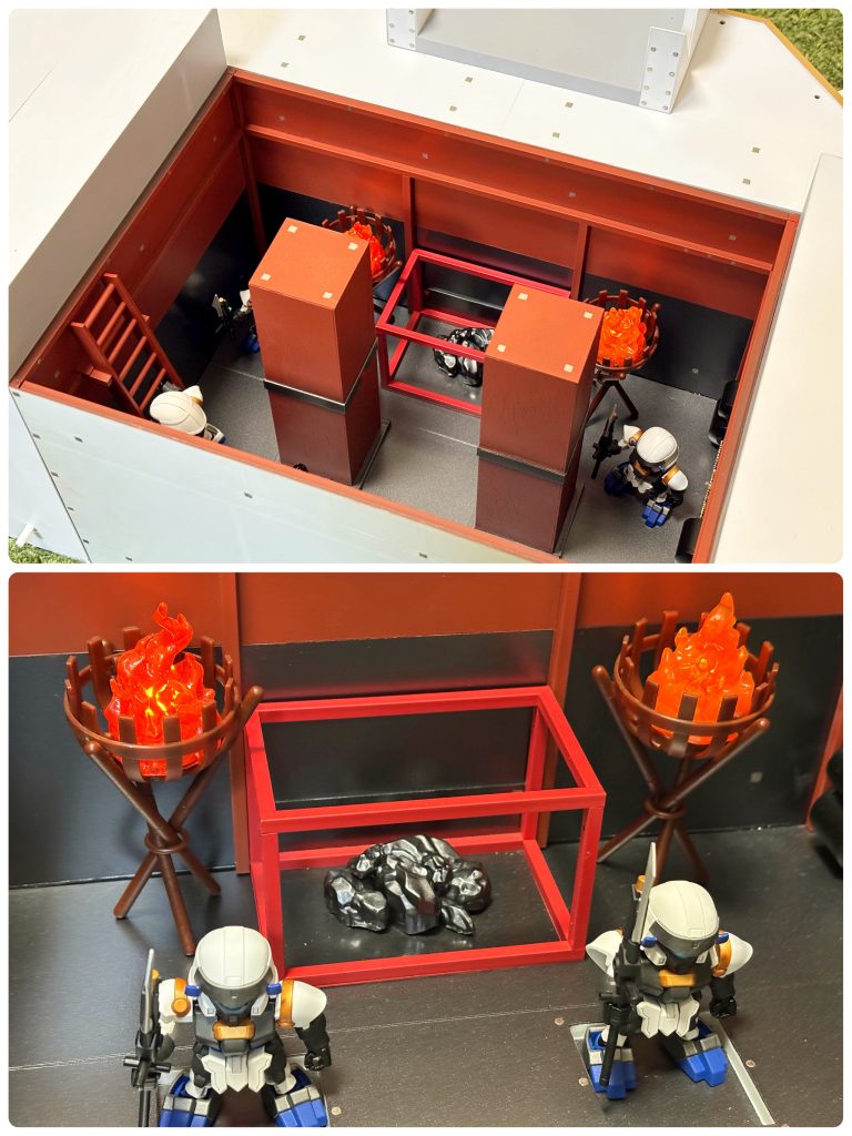 まずは1階部分です。1階とは言え、石垣の中の部分なので地下のような雰囲気です。烈帝城には、魔界へと通じる門を封じるためにその場に固定されているという公式設定があるので、「封印の岩」をイメージしてものを作成しました!