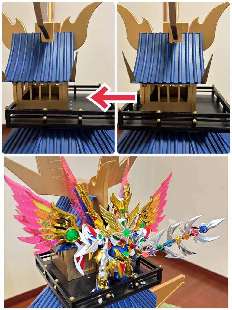 最後は、最上階である6階です!黄金の間ですね。かなり狭いので小さめのBB戦士か、レジェンドBBなら軽装タイプで入るというところでしょうか。メインは部屋の中よりもベランダのような部分です。なんとしてもここから大将軍が天宮(アーク)の国を見守ってほしかったので、建物自体が後に下がるギミックをいれました。これでギリギリ飛駆鳥大将軍でも立てるスペースを確保しています。