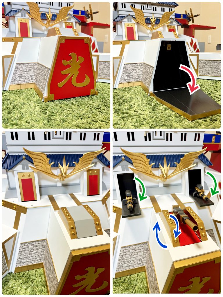 「光」と書いてあるのは烈帝城の正門にあたる部分です。開閉が可能です。正門の奥は高さが20cmあり、MGサイズのガンプラでもギリギリ入るサイズです。