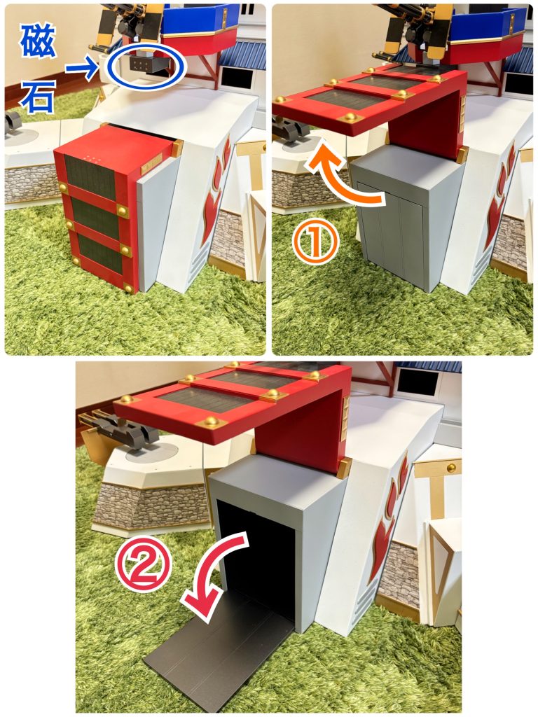 サイドにある門です。通称「赤大門」と呼ばれ、防御板とソーラーのような装置を兼ねたものであり、ここで烈帝城の稼働に必要な膨大なエネルギーをある程度賄っている。という自分設定です。赤い板、その中にある板が2段階で開閉します。赤い板は、その上にBB戦士を乗せることを想定して、開いた状態でも、磁石でガッチリ固定できるようにしてあります。