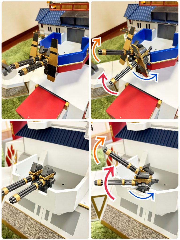 「ニ連装閃光回転式機関砲(2れんそうビームガトリングほう)」は、主に、飛行武者などに対する対空兵器として用いる武装である。3階サイドにある砲台と、2階後方の砲台に設置されている。という自分設定です。旋回に加え2つの砲が別々に上下に可動します。数少ない、スクラッチではなくビルダーズパーツを使った部分です。