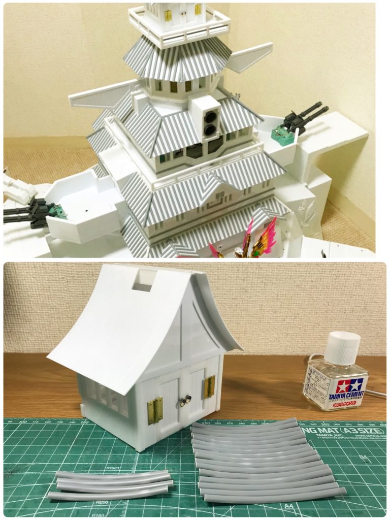 塗装した後だと信じてもらえなかいかもしれないので、塗装前の画像をのせておきます。白い部分は全てプラ板です。作業量があまりに多く、アメイジングカッターや電動ヤスリ、集塵機など、烈帝城のために各種ツールが揃っていきました。なお、屋根の凹凸は全て、プラ板に1本1本かまぼこ状のプラ棒を貼ったものです。全部でいったい何百本になるのか…