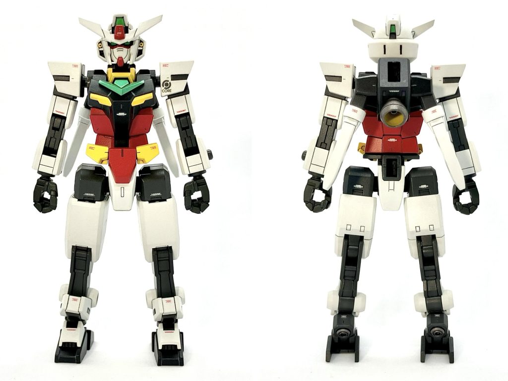 カラーリング・元が黒の整形色のパーツは、下記の通りいろんな色で塗り分けました。 ・装甲→ミッドナイトブルー ・関節などのフレーム→ダークグレー ・手→グリーンを混ぜたダークグレー ・スラスター→焼鉄色 ・武器類→メタルブラック