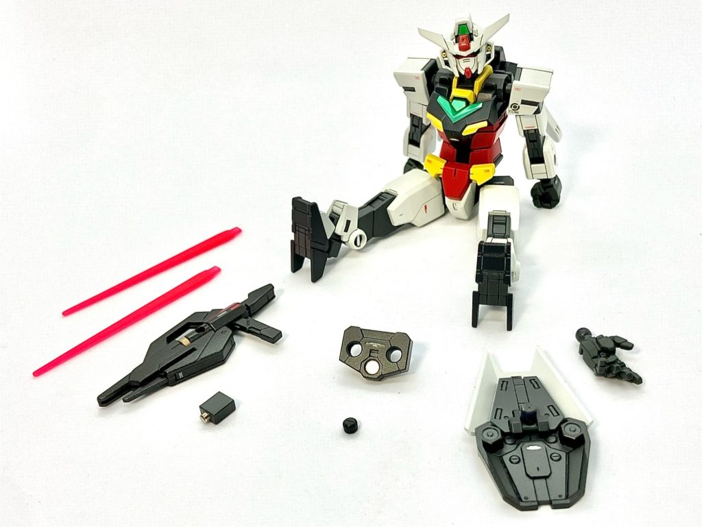 付属品一覧・左平手はユーラヴェンガンダムに付属している物を流用しました。・コアスプレーガンにはプラ板で自作したトリガーを付けました。