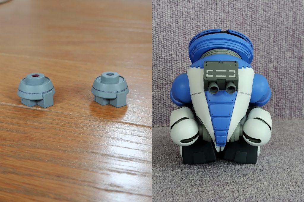 体育座り用追加パーツ体育座りで足を引き出すと股に隙間が出来るので、パーツを追加して隠せるようにしました。ジンクスの背中パーツにプラ角棒を接着したものです。